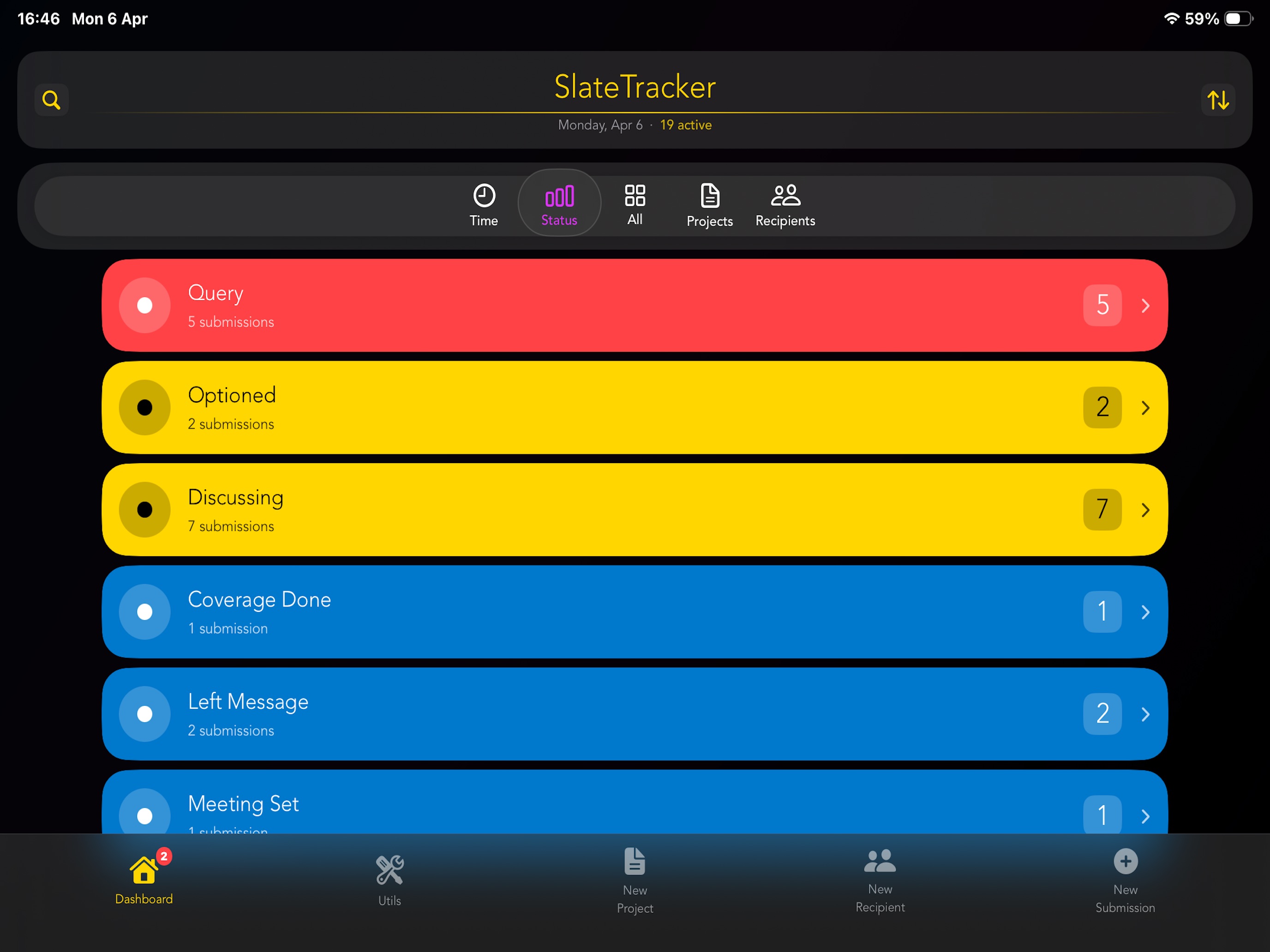 SlateTracker iPad status view with color-coded submission groups