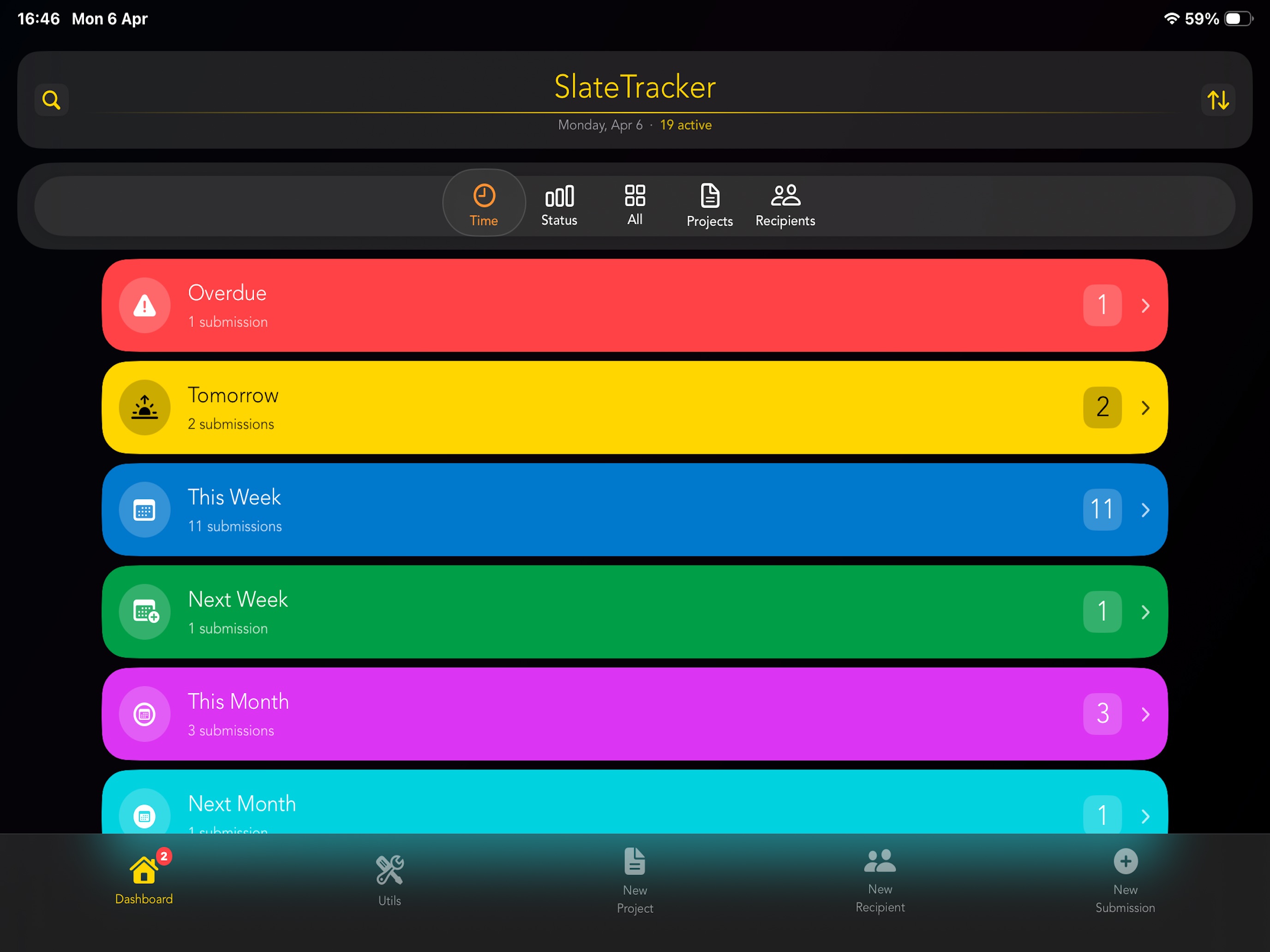 SlateTracker iPad time view with colorful submission groups