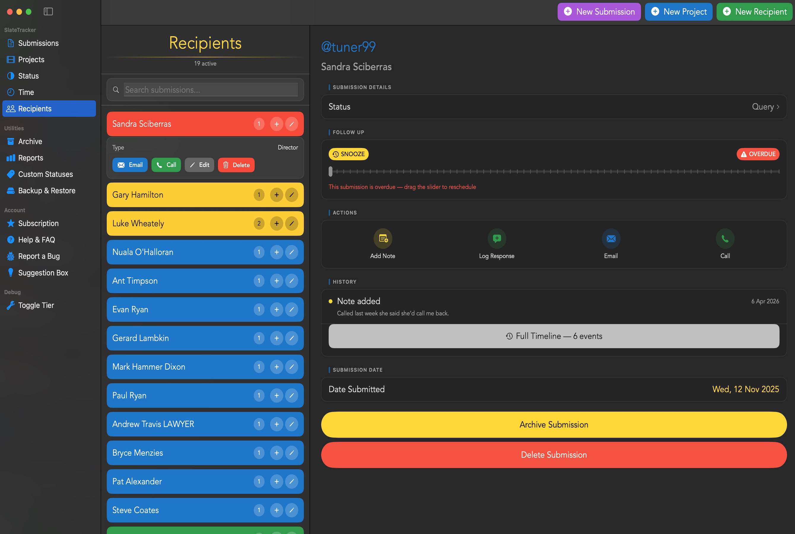 SlateTracker Mac recipient view with open color-coded submissions